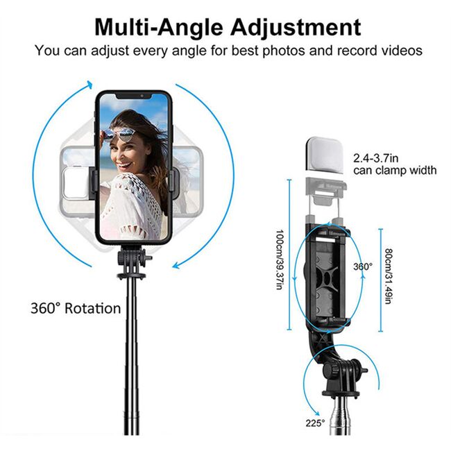 Selfie Stick/Trepied telescopic reglabil intre 200 - 1045 mm cu telecomanda detasabila si conectare wireless Bluetooth, unghi de inclinare reglabil, rotire la 360°, negru