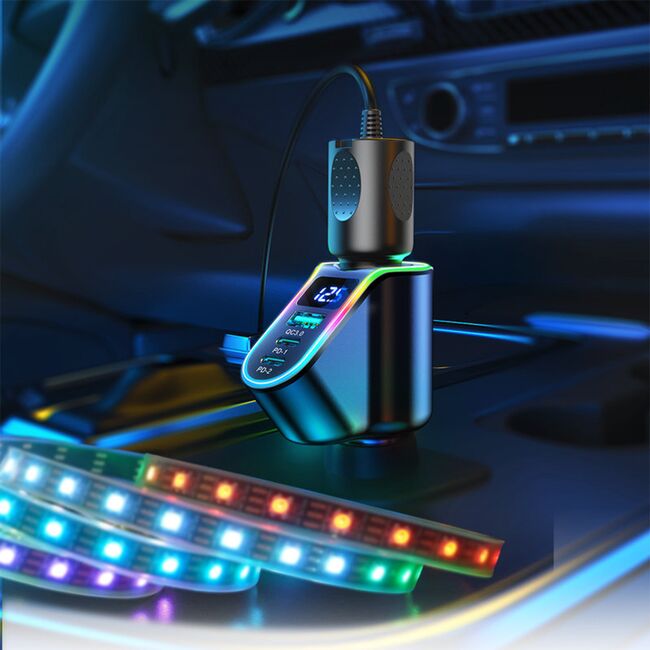 Incarcator pentru masina / splitter fast charge Joyroom 4 in 1 (jr-cl21) cu USB, 2xType-C, Cigarette Lighter Socket, RGB Lights, Digital Display, QC si PD 150W - negru