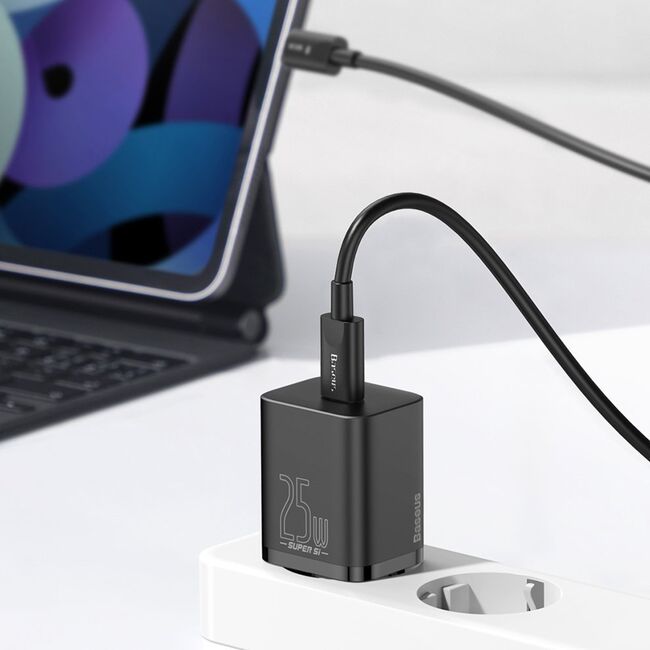 Incarcator priza USB-C, PD25W, 3A cu Cablu Type-C la Type-C, 1m, negru