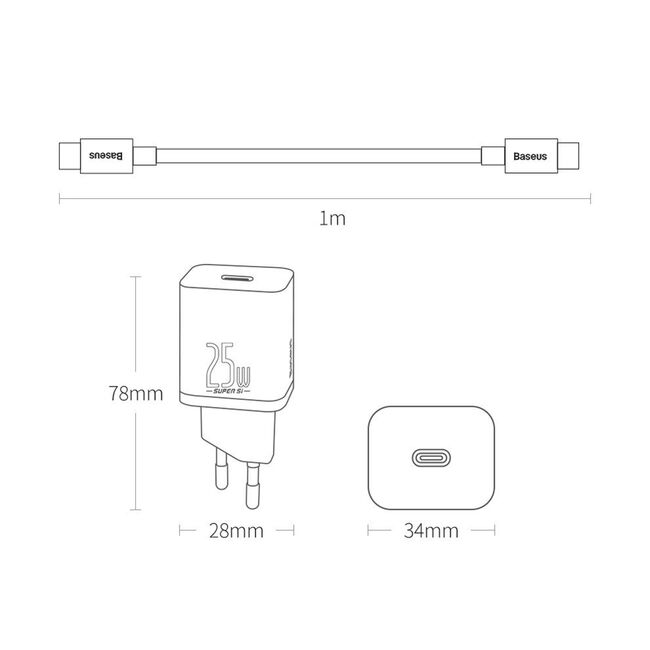 Incarcator priza USB-C, PD25W, 3A cu Cablu Type-C la Type-C, 1m, negru