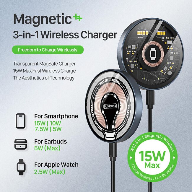 Incarcator Duzzona - wireless charger 3in1 (w13) - pentru iPhone, Apple Watch, Airpods Pro, 15w - transparent