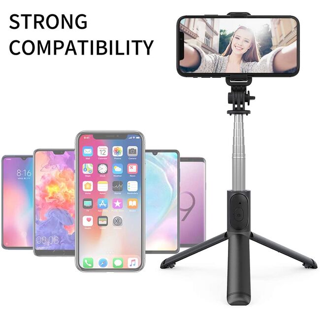Selfie stick trepied, telecomanda Bluetooth Techsuit Q01, 101cm, negru