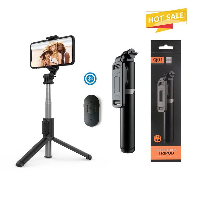 Selfie stick trepied, telecomanda Bluetooth Techsuit Q01, 101cm, negru
