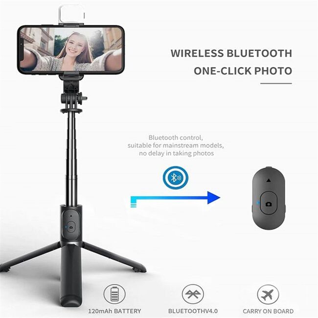 Selfie stick Bluetooth, trepied stabil cu LED Techsuit Q02S, 104cm