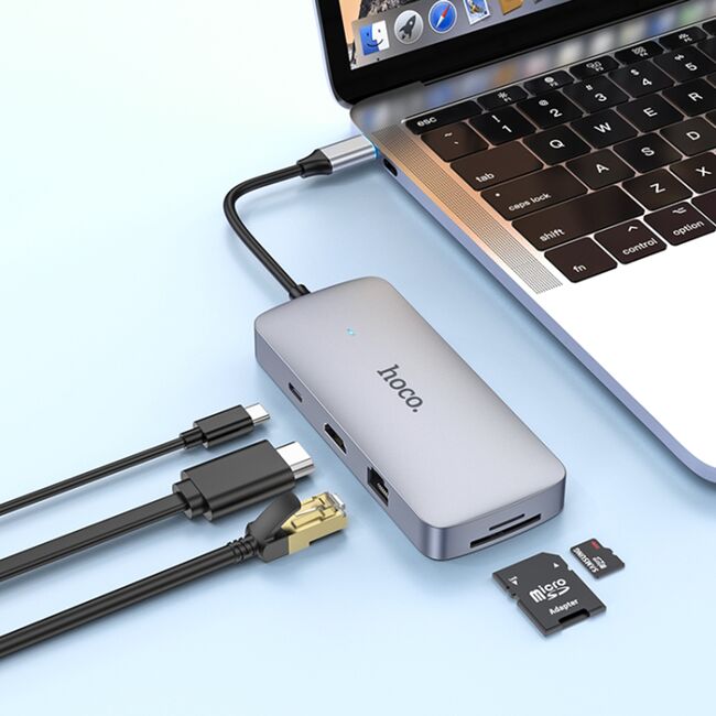 Hub USB, docking station 8 in 1 Hoco HB32 de la USB Type-C la 1 x USB3.0, 2 x USB2.0, HDMI, RJ45, SD Card, TF Card, Type-C