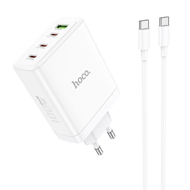 Incarcator priza 3xtip C, USB Hoco N31 + cablu tip C, 100W, alb