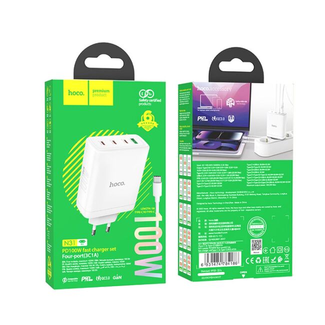Incarcator priza 3xtip C, USB Hoco N31 + cablu tip C, 100W, alb