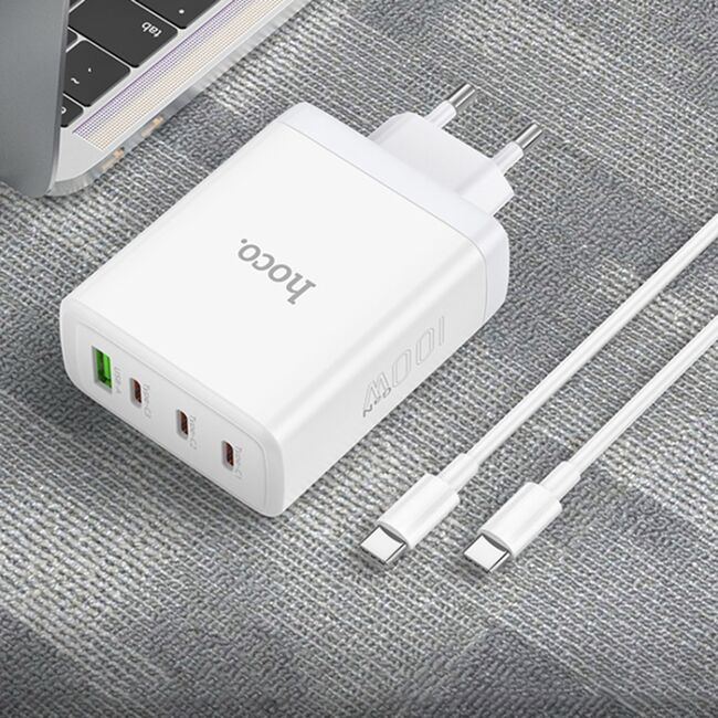 Incarcator priza 3xtip C, USB Hoco N31 + cablu tip C, 100W, alb