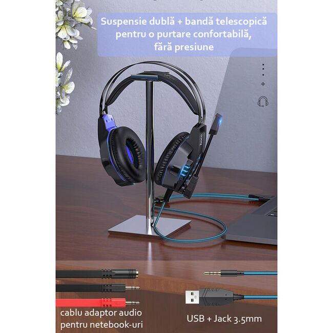 Casti gaming on-ear Hoco W102 cu microfon, Jack 3.5mm, USB, albastru