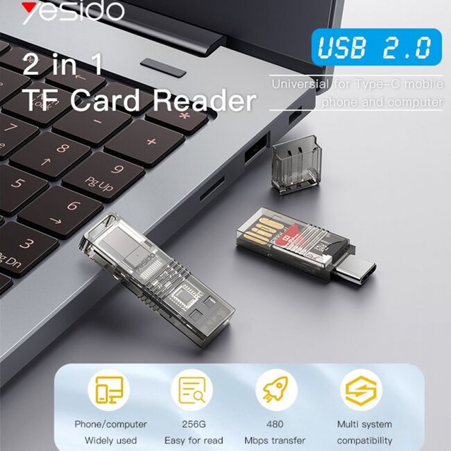 Card reader, adaptor OTG USB la Type-C Yesido GS21, transparent