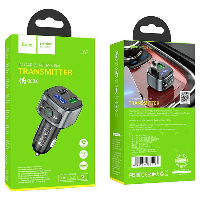 Modulator FM / incarcator auto, Bluetooth FM USB 18W QC3.0 Hoco E67, negru