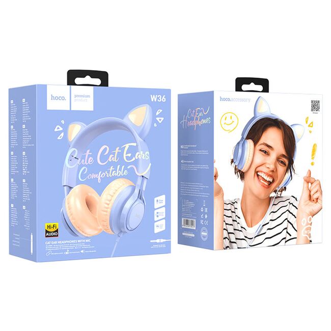 Casti cu urechi de pisica, fir si microfon Hoco W36, bleu