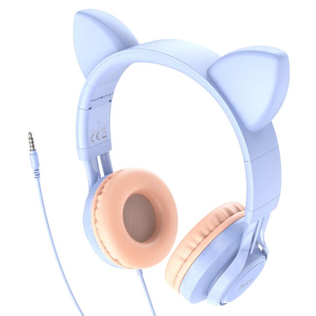 Casti cu urechi de pisica, fir si microfon Hoco W36, bleu