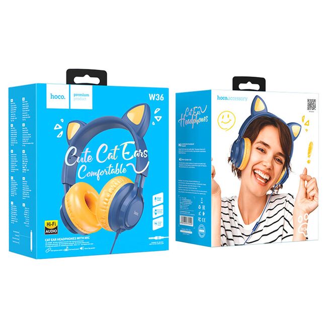 Casti cu urechi de pisica, fir si microfon Hoco W36, albastru