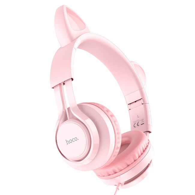 Casti roz cu urechi de pisica, fir si microfon Hoco W36