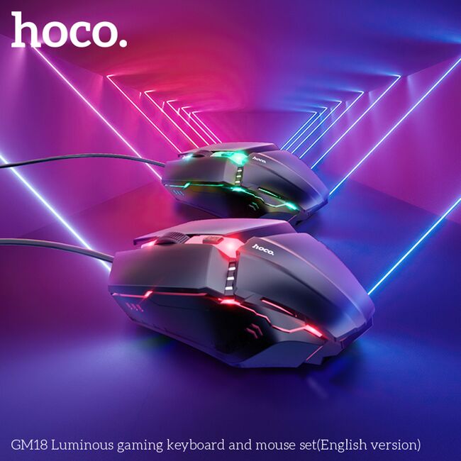 Kit tastatura si mouse gaming Hoco GM18, cu fir, RGB Lights, 1.5m, Adjustable DPI (800 - 1200), negru