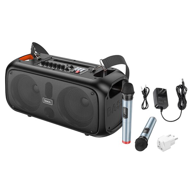 Boxa wireless karaoke cu 2 microfoane wireless Hoco BS54, Bluetooth 5.1, SD Card, USB, AUX, FM, RGB Lights, 30W, negru