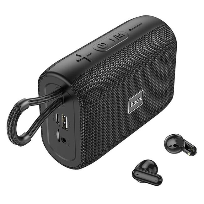 Mini boxa wireless portabila TWS, FM, TF Card, USB, AUX, 1200mAh, 5W + casti Bluetooth Hoco HC15, negru
