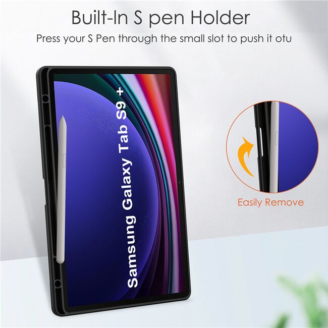 Husa Samsung Galaxy Tab S9+ Plus 12.4 inch Ultra-Light / Slim tip stand, cu functie sleep/wake-up si slot pentru stylus, negru / transparent