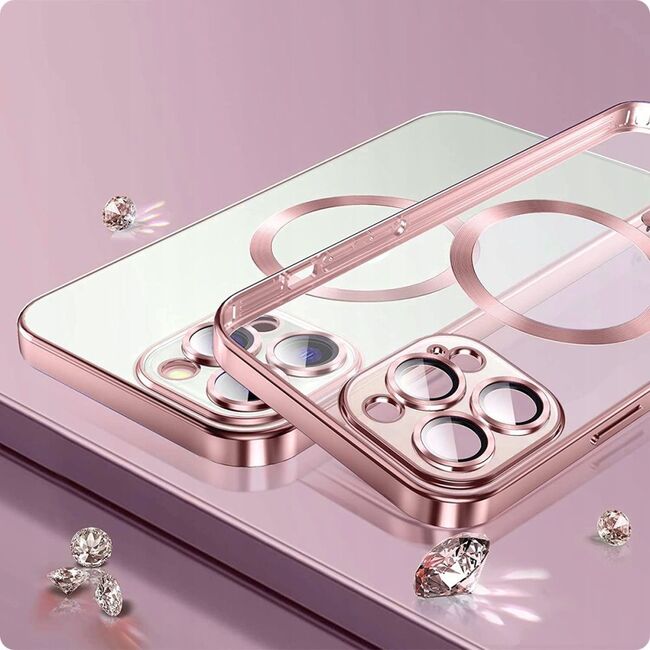 Husa iPhone 15 Plus cu MagSafe si protectie pentru lentile anti-shock 1.5 mm, gold-clear