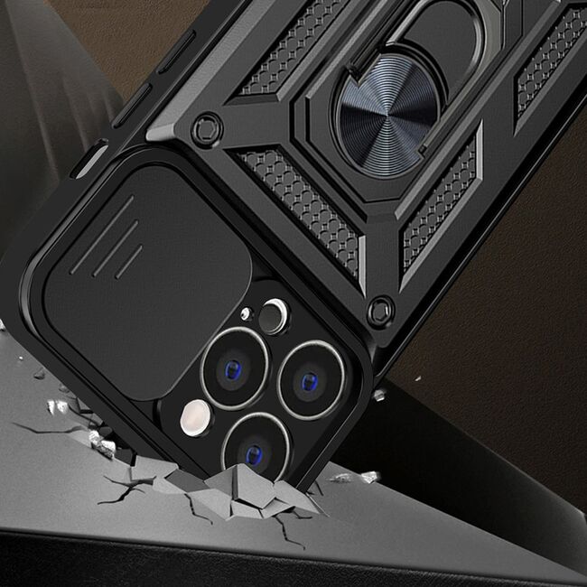 Husa pentru iPhone 15 Pro Max cu inel Ring Armor Kickstand Tough, protectie camera (negru)