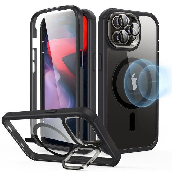 [Pachet 360°] Husa cu folie integrata iPhone 15 Pro Max ESR fata spate Armor Tough Kickstand HaloLock, negru/transparenta