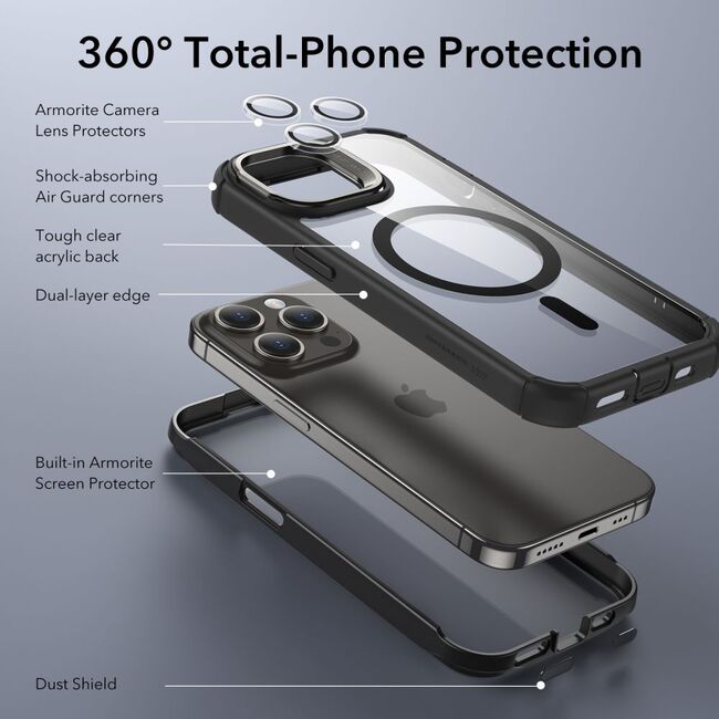 [Pachet 360°] Husa cu folie integrata iPhone 15 Pro Max ESR fata spate Armor Tough Kickstand HaloLock, negru/transparenta