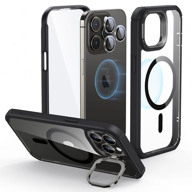 [Pachet 360°] Husa cu folie integrata iPhone 15 Pro Max ESR fata spate Armor Tough Kickstand HaloLock, negru/transparenta