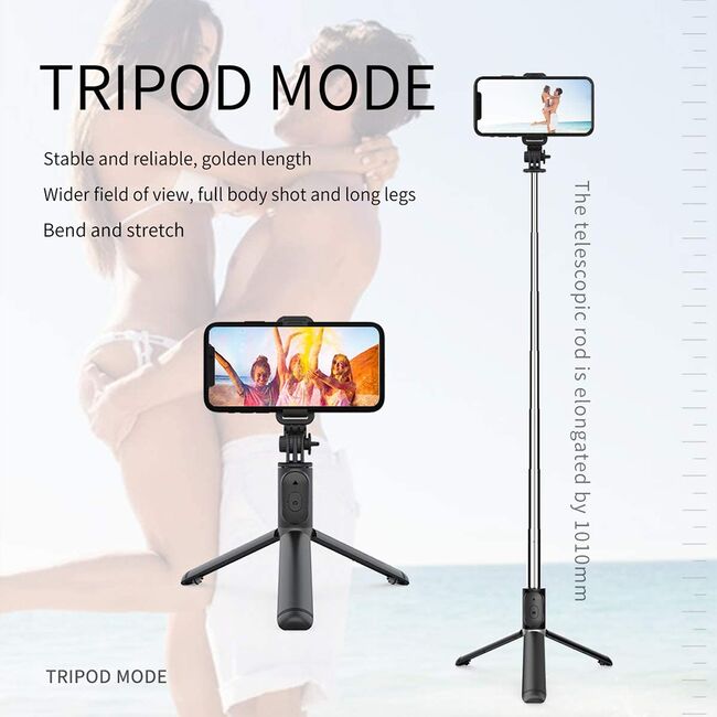 Selfie stick trepied, telecomanda Bluetooth Techsuit Q01, 101cm, alb