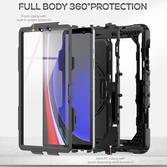 Pachet 360: Husa cu folie integrata Samsung Galaxy Tab S9+ Plus 12.4 inch Shockproof Armor, negru