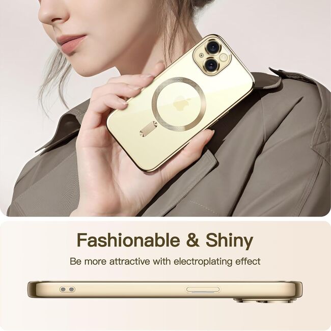 Husa iPhone 15 Plus cu MagSafe si protectie pentru lentile anti-shock 1.5 mm, gold-clear