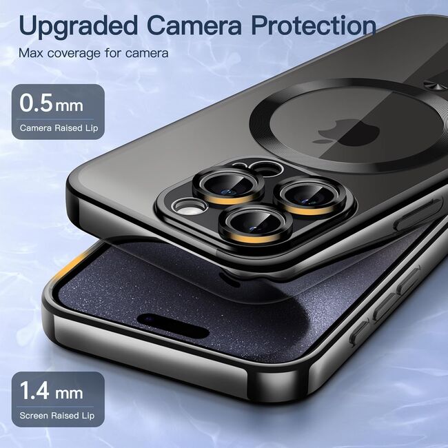 Husa iPhone 15 Pro Max cu MagSafe si protectie pentru lentile anti-shock 1.5 mm, negru-clear