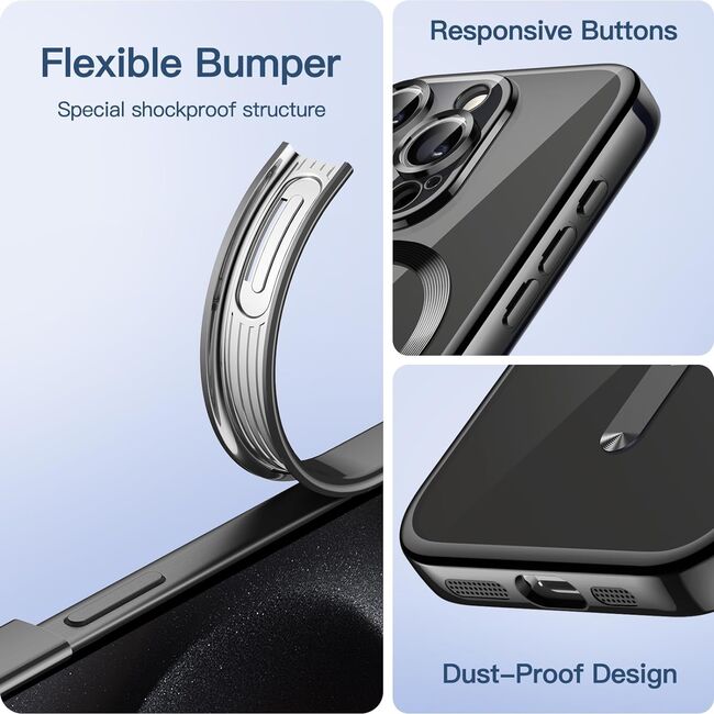 Husa iPhone 15 Pro Max cu MagSafe si protectie pentru lentile anti-shock 1.5 mm, negru-clear