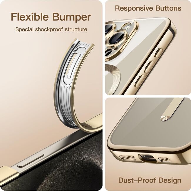 Husa iPhone 15 Pro cu MagSafe si protectie pentru lentile anti-shock 1.5 mm, gold-clear