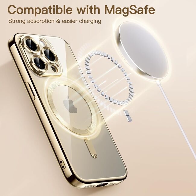 Husa iPhone 15 Pro cu MagSafe si protectie pentru lentile anti-shock 1.5 mm, gold-clear