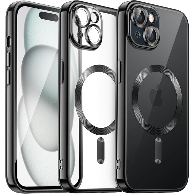Husa iPhone 15 cu MagSafe si protectie pentru lentile anti-shock 1.5 mm, negru-clear