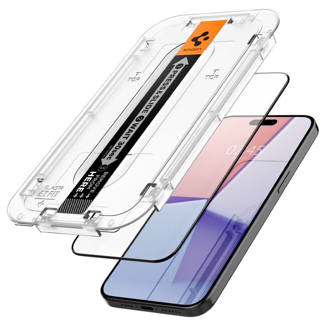 Folie iPhone 15 Pro Spigen Glas.tR EZ Fit, negru