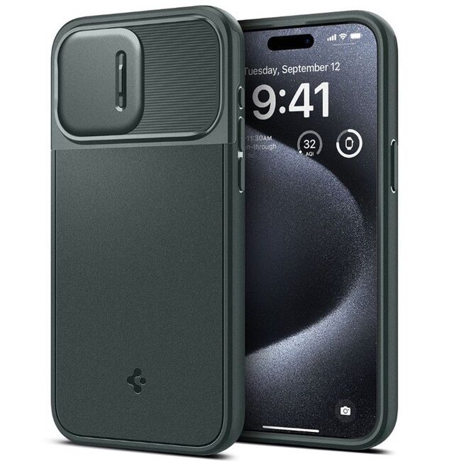 Husa iPhone 15 Pro Spigen Optik Armor, verde