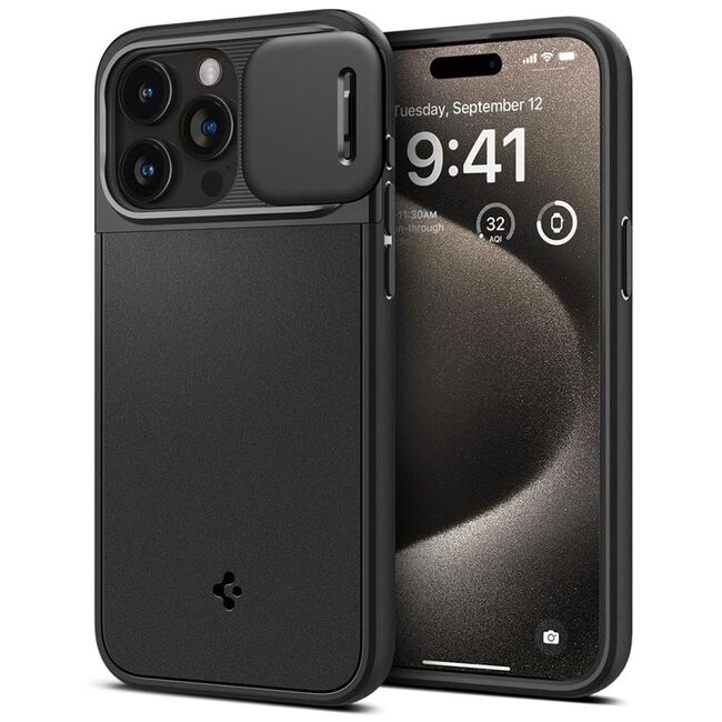 Husa iPhone 15 Pro Max Spigen Optik Armor, negru