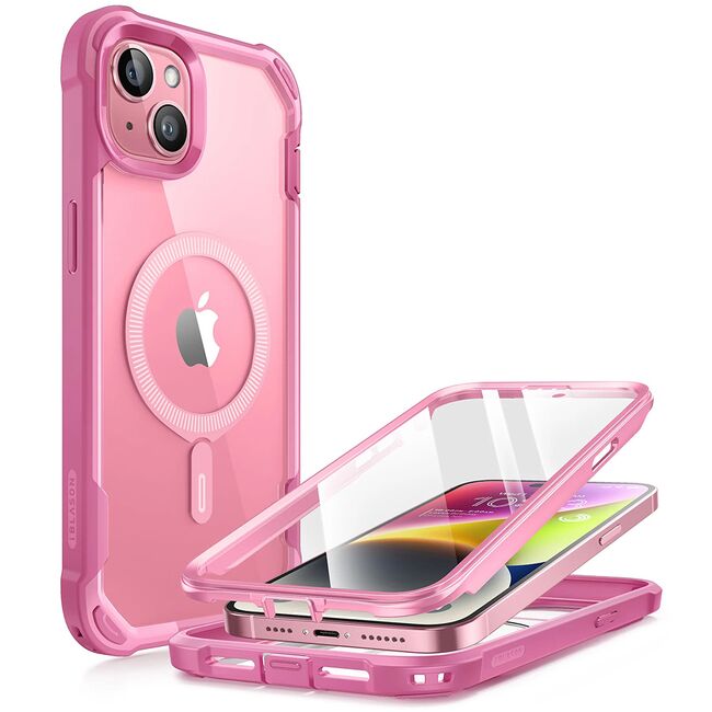 Pachet 360: Husa cu folie integrata iPhone 15 i-Blason Ares MagSafe, pink