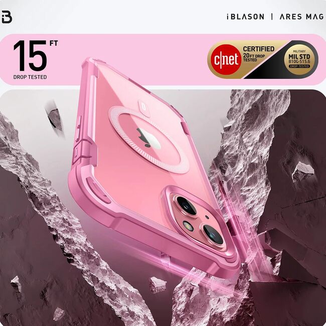 Pachet 360: Husa cu folie integrata iPhone 15 i-Blason Ares MagSafe, pink