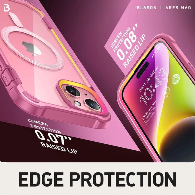 Pachet 360: Husa cu folie integrata iPhone 15 i-Blason Ares MagSafe, pink