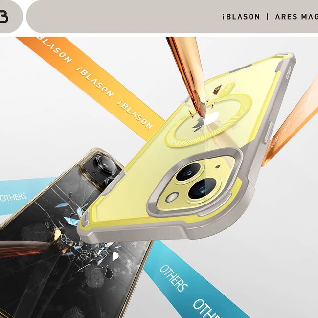 Pachet 360: Husa cu folie integrata iPhone 15 i-Blason Ares MagSafe, galben