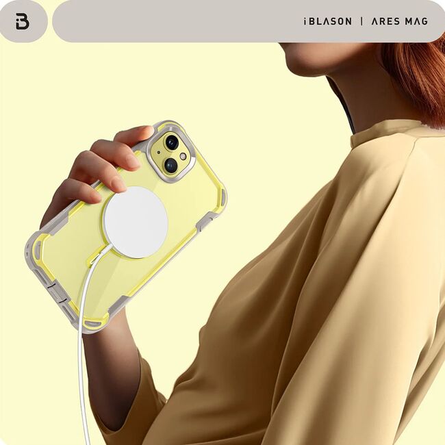 Pachet 360: Husa cu folie integrata iPhone 15 i-Blason Ares MagSafe, galben