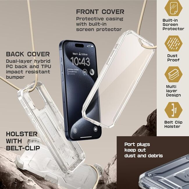 Pachet 360: Husa cu folie integrata iPhone 15 Pro Supcase Unicorn Beetle Pro, transparenta