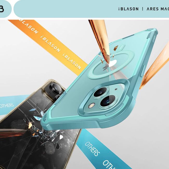 Pachet 360: Husa cu folie integrata iPhone 15 i-Blason Ares MagSafe, seafoam