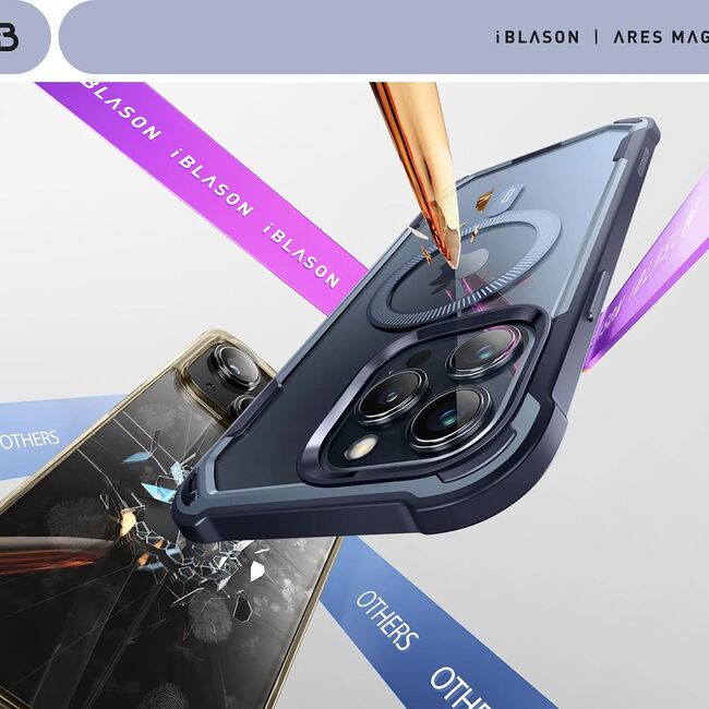 Pachet 360: Husa cu folie integrata iPhone 15 Pro i-Blason Ares MagSafe, navy blue