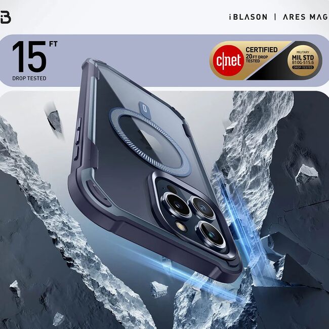Pachet 360: Husa cu folie integrata iPhone 15 Pro Max i-Blason Ares MagSafe, navy blue