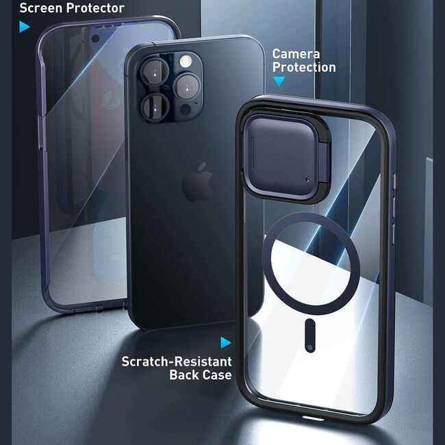 Pachet 360: Husa cu folie integrata iPhone 15 Pro Max i-Blason Shield MagSafe, albastru