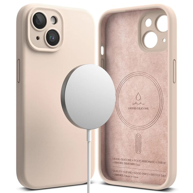 Husa iPhone 15 Plus cu MagSafe Ringke Silicone Magnetic, pink sand
